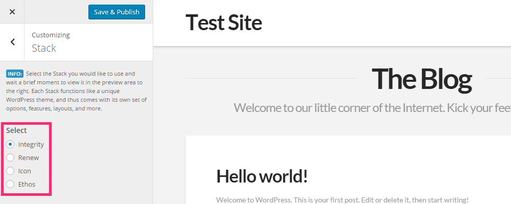 Select a Stack from the WordPress Customizer