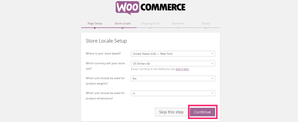 Enter store location and currency details on the Store Locale screen