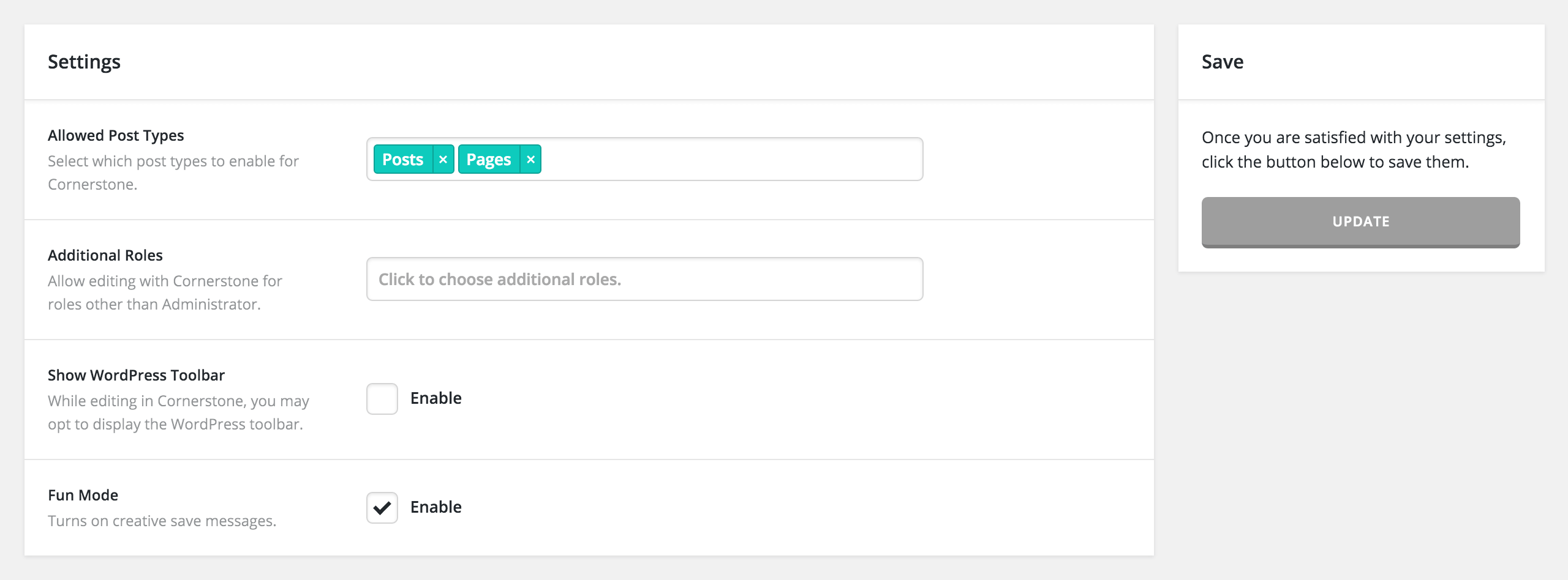 Cornerstone Settings Page